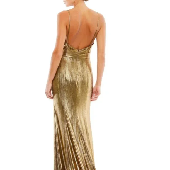 MAC DUGGAL26408METALLIC FAUXWRAP SPAGHETTI STRAPS BRONZE GOWN sz 2